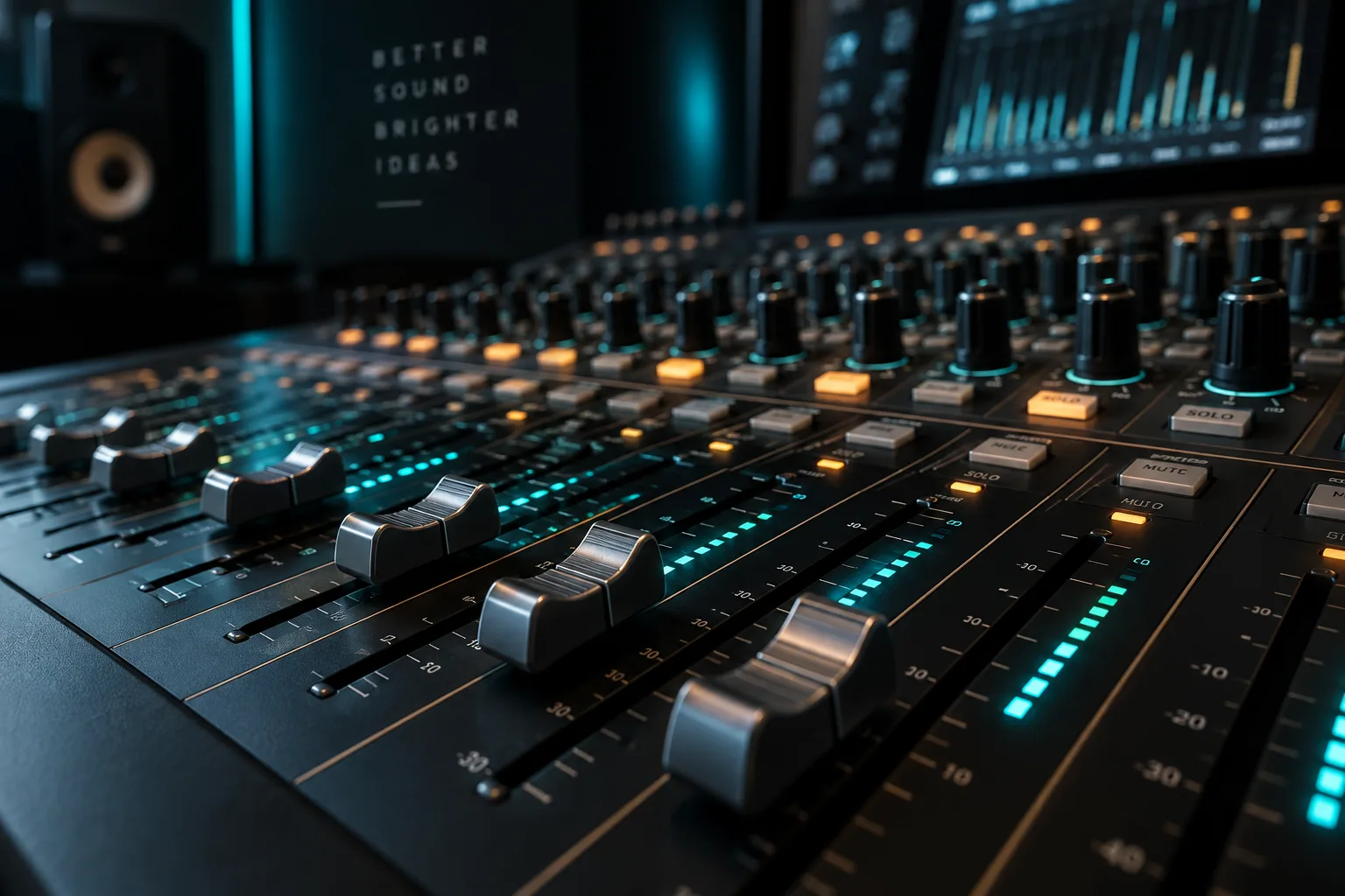 Close-up of a professional audio mixing console